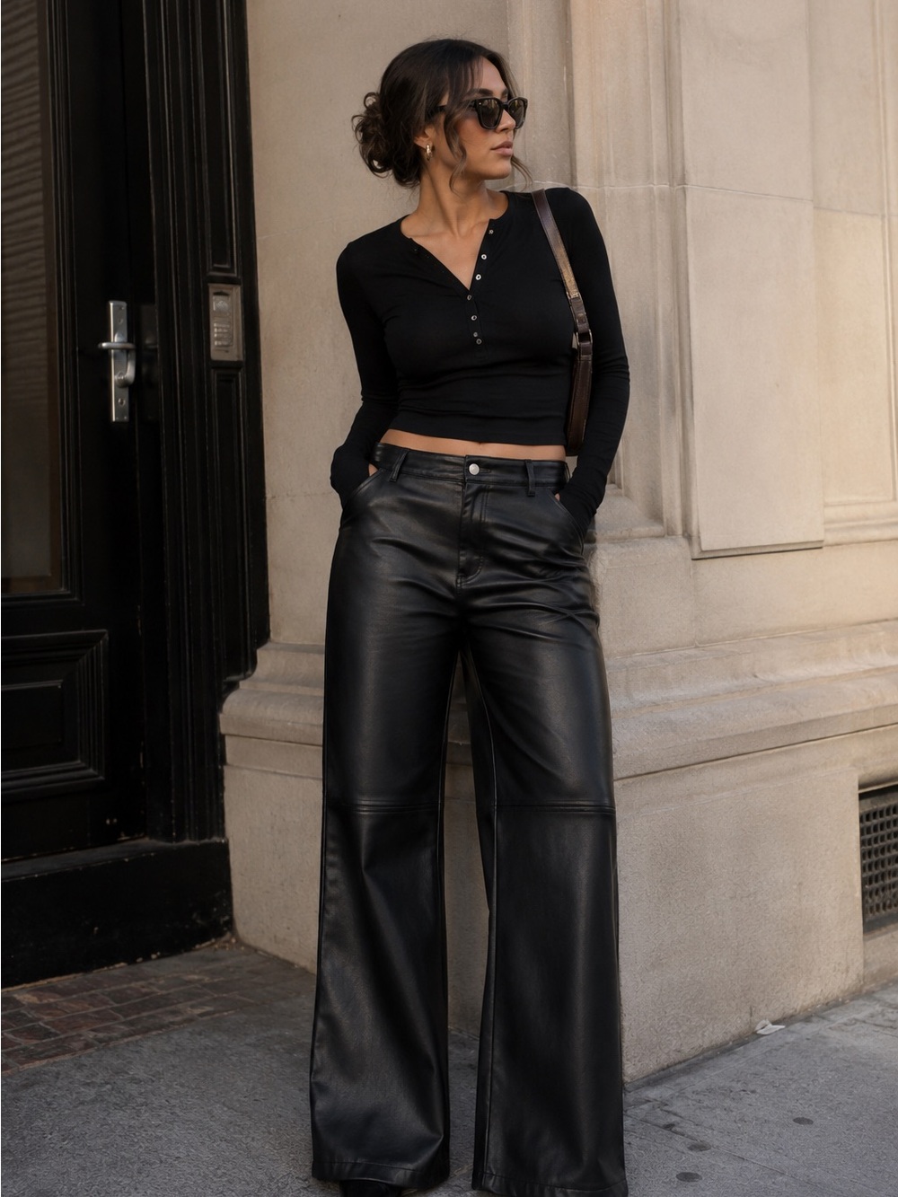 Urban Heritage Black Wide-Leg Faux Leather Jeans with High Waist
